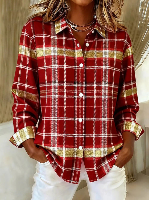 Womens Plaid Loose-Fit Retro Long-Sleeve Shirt Top