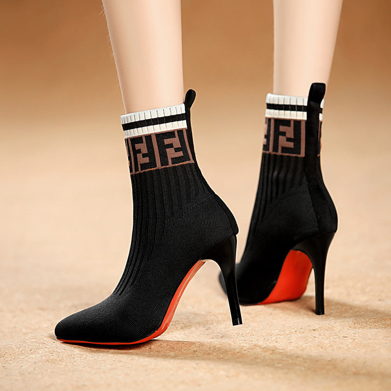 Socks Boots Women's High Heel Pointed Toe Solid Color Women's Stiletto Heel Boots