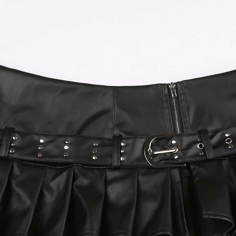 Punk Hot Girl Rivet Belt Split Leather Skirt Low Waist A- Line Style Pleated Skirt