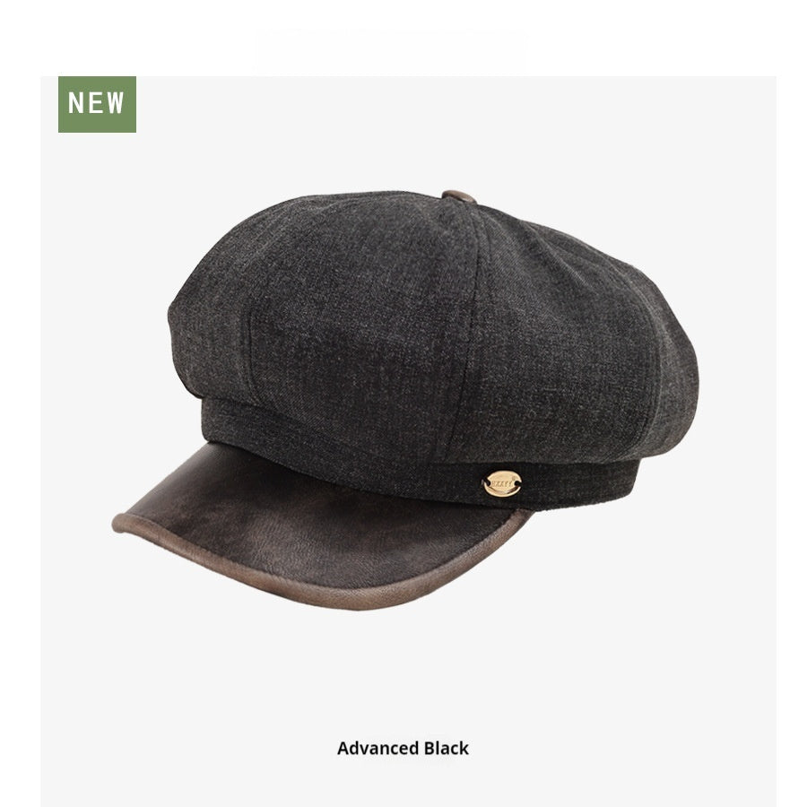 Cotton And Linen Octagonal Cap Artistic Stitching Leather Brim Big Head Suitable