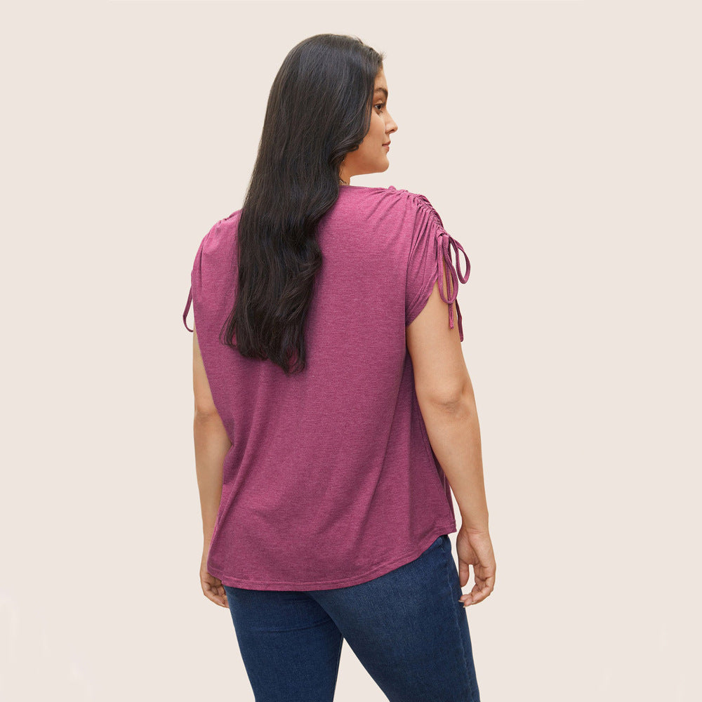 New Drawstring Vest V-neck Solid Color Casual Loose Short-sleeve T-shirt