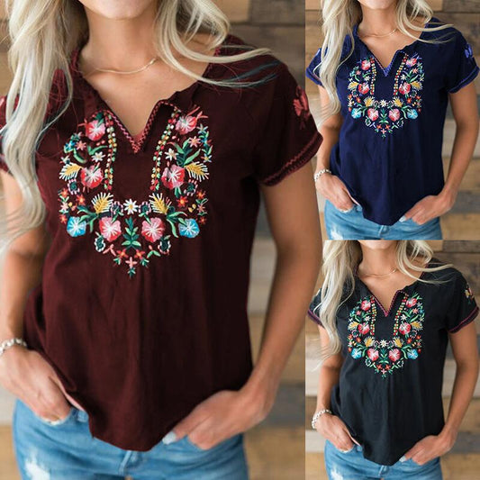 Spring Summer  Retro Embroidered Short Sleeve T-Shirt Women