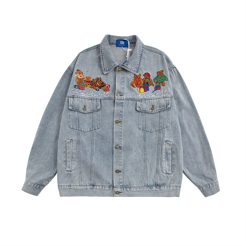 Washed Denim Coat Cartoon Animal Bear Embroidery