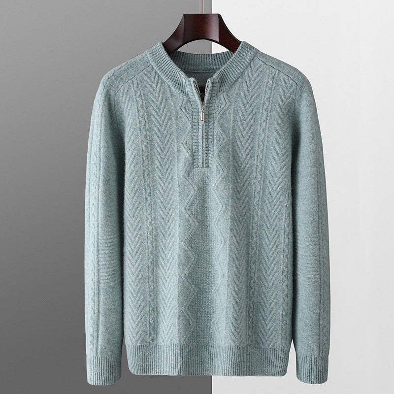 Autumn And Winter Pure Wool Men's Diamond Lattice Loose Half Zipper Sweater