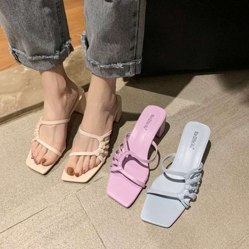 Thin Belt Net Red High Heels Thick Heel Square Heel Woven Half Slippers