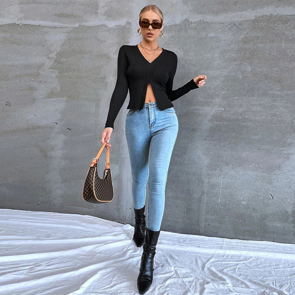 Casual Commuting Long Sleeve Slim Fit Cropped Split Neck Women's T-Shirt