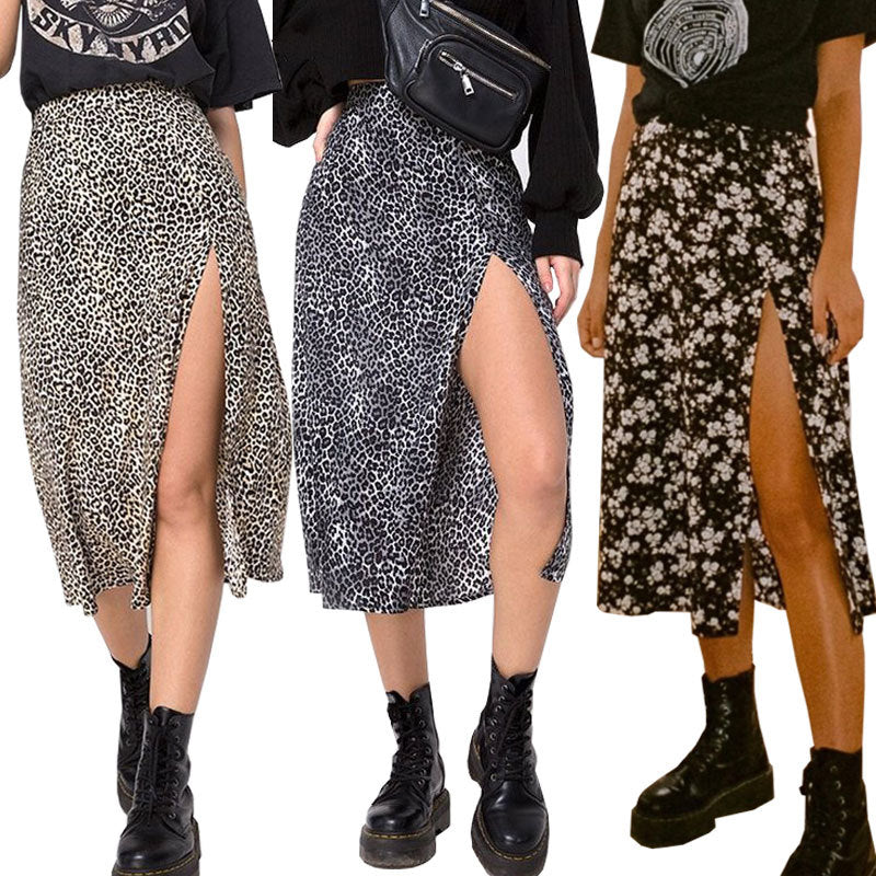 European And American Leopard Print Long Skirt High Waist Slit Hip Skirt