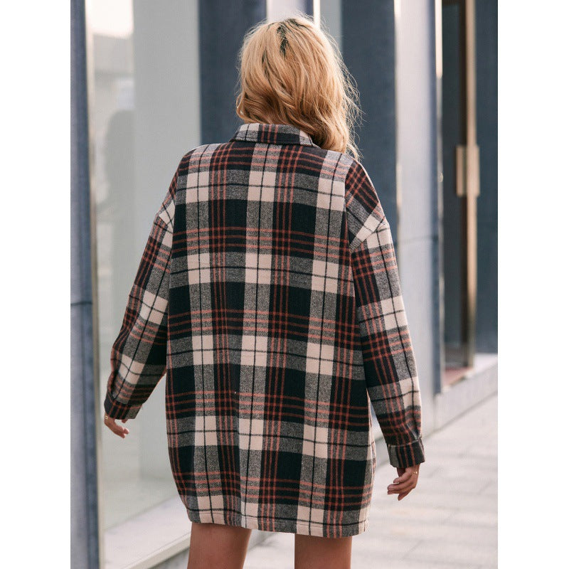 Casual Plaid Single-breasted Mid-length Trench Coat Shirt