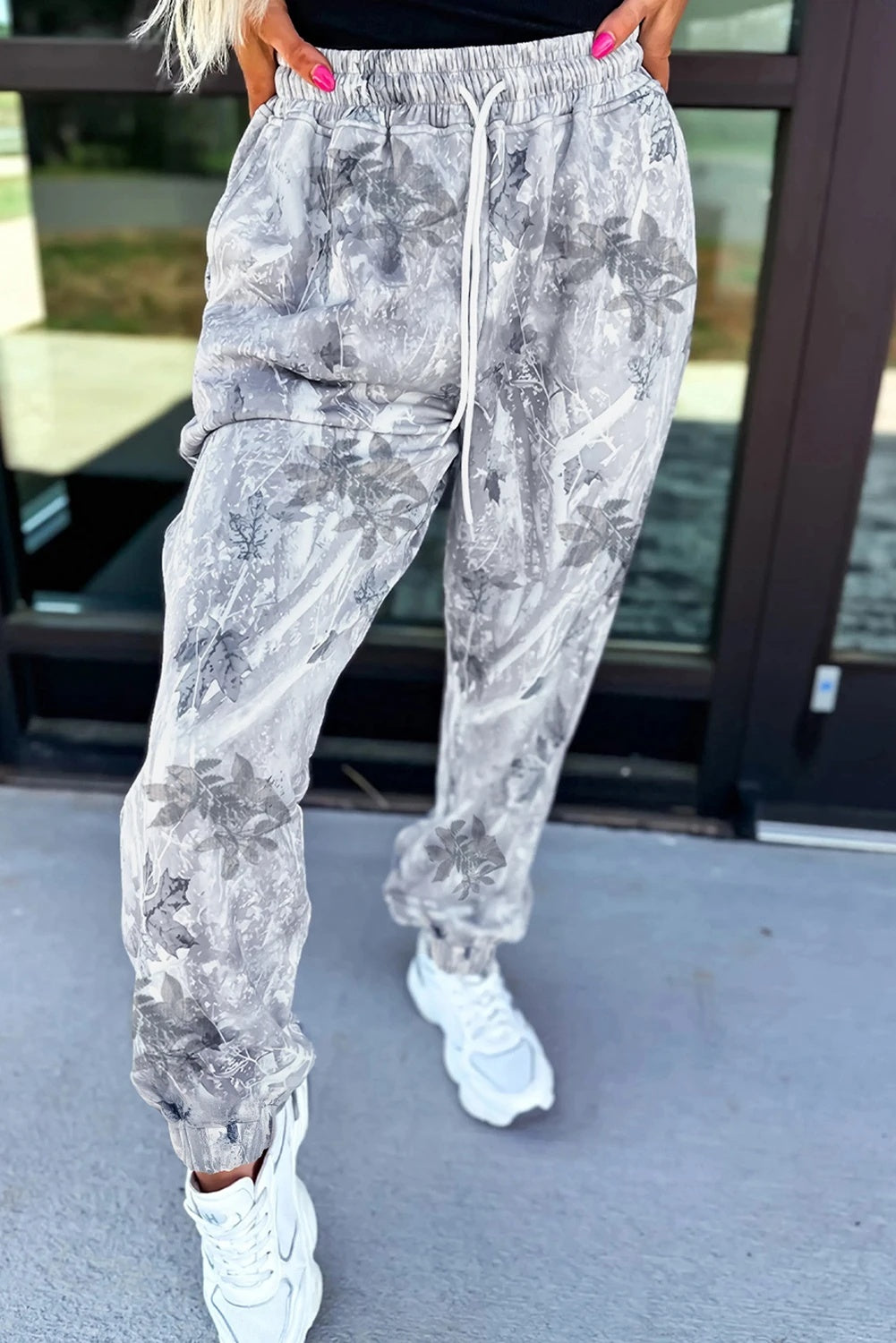 Gray Camouflage Printing Comfortable Drawstring Elastic Waist Ankle Banded Pants