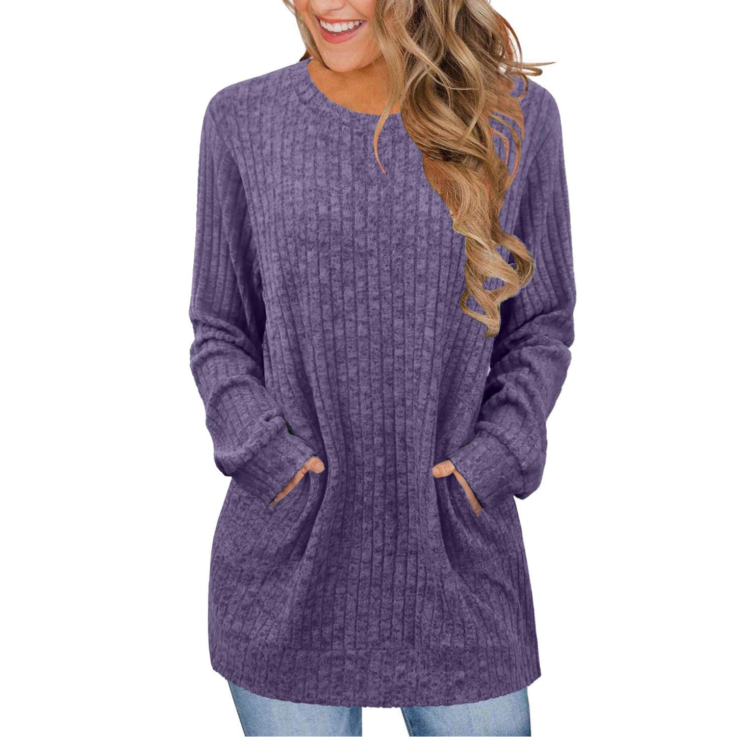 Casual Patchwork Crewneck Long-Sleeve Solid-Color Ribbed Sweater