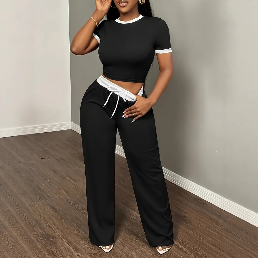 Womens Color-block Slim-fit Short-sleeve Top And Pants Two-piece Set
