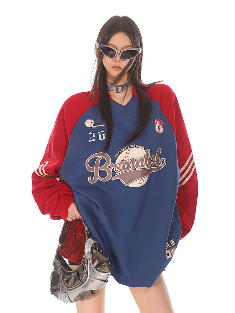 American Sports Style Baseball Vintage Print College V-neck Sweatshirt Female
