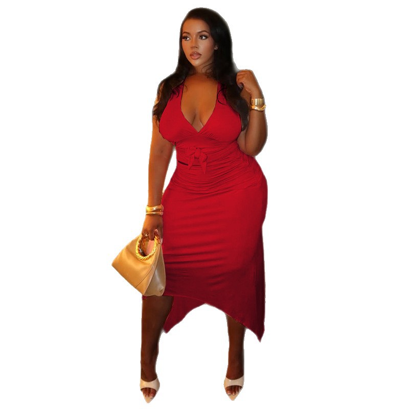 Solid-color Sexy Women's Clothing Sheath Skirt Set With Pleats And V-neck