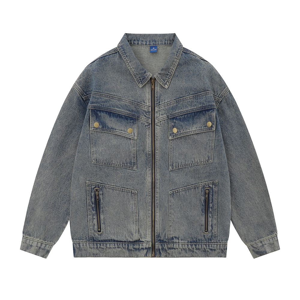 Retro Workwear Pocket Zipper Denim Clothes Jacket Spring And Autumn