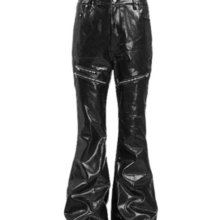 Black Liquid-metal-coated Zippered Waxed Jeans With A Slight Flare