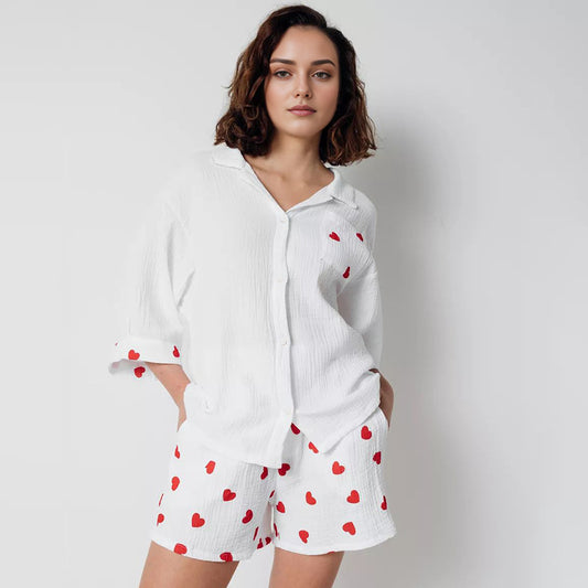 Cotton Homewear Set Heart-printed Three-quarter-sleeve Top And Shorts