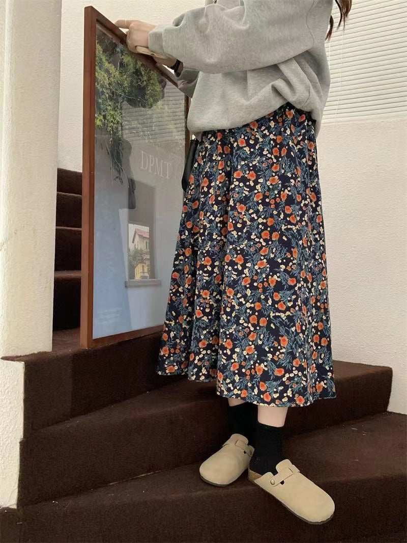 Women's Floral Skirt Autumn And Winter Lazy Style High Waist Elastic