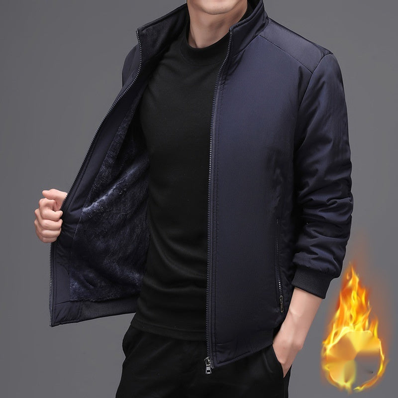 Men's Fleece-lined Solid Color Autumn Stand Collar Jacket Business Casual Jacket