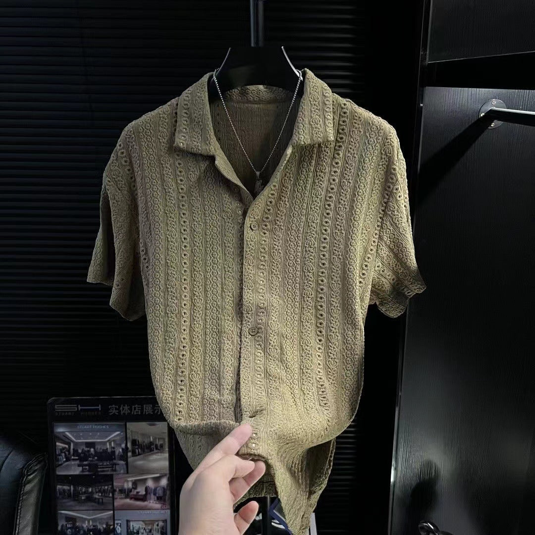 Men's Cool-Feel Cuban Collar Hollow-Out Short-Sleeve Shirt