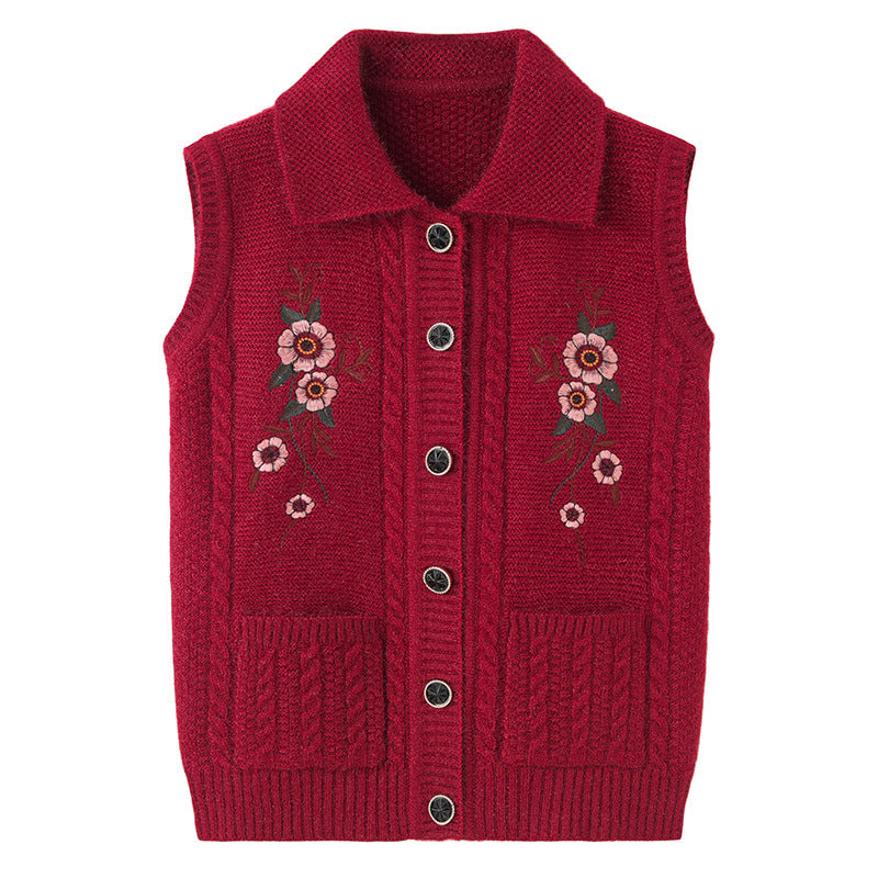 Waistcoat Embroidered Elderly Winter Vest Lapel