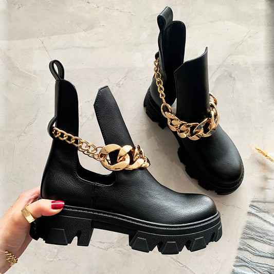Chain Embellished Punk Style Low Round Toe Sleeve Ankle Boots
