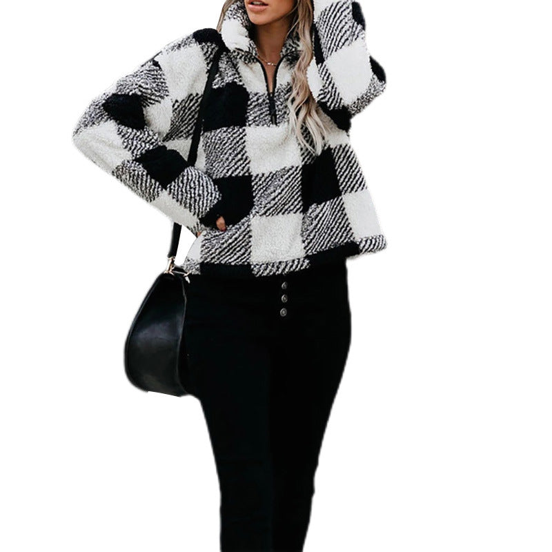 Women's Thickened Stand Collar Sweatshirt Women's Zipper Plaid