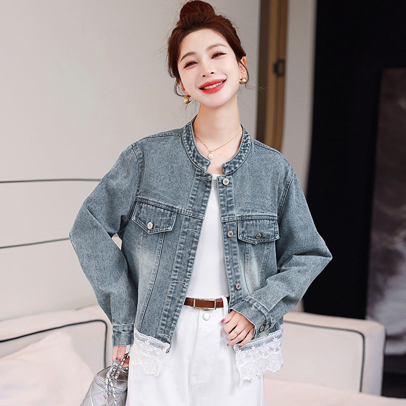 Cappotto di jeans da donna con cuciture in pizzo