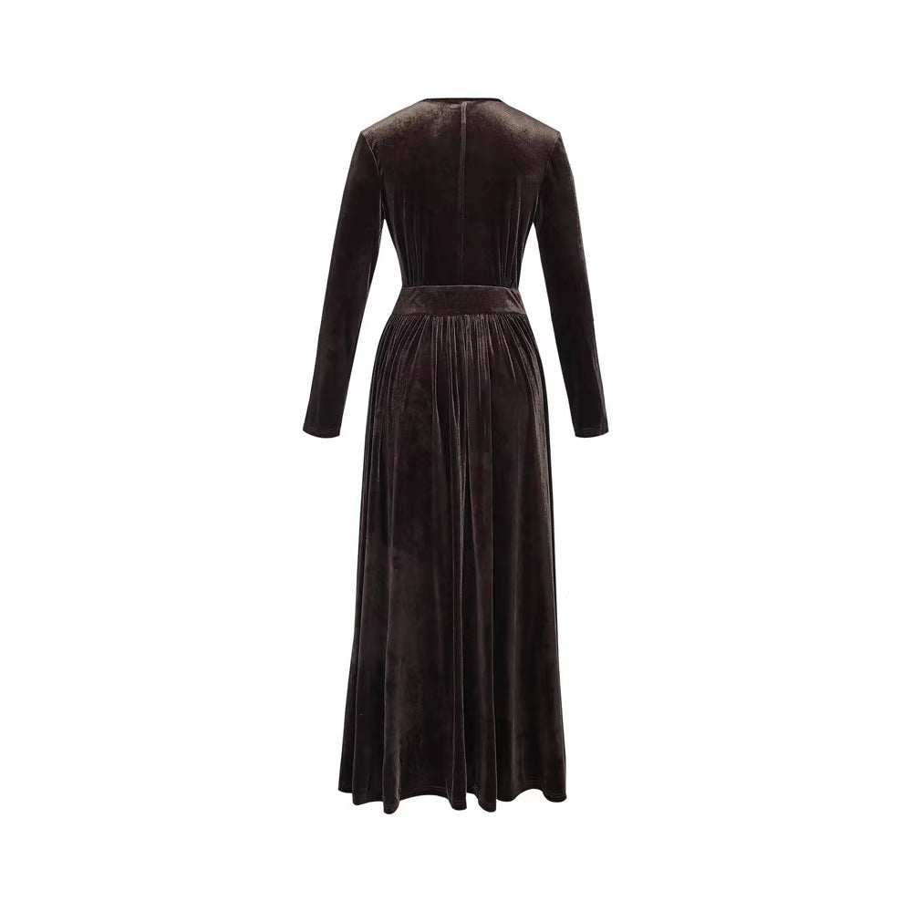 Slimming Solid Color Deep V Neck Pleated Hem Long Sleeve Dress For Women