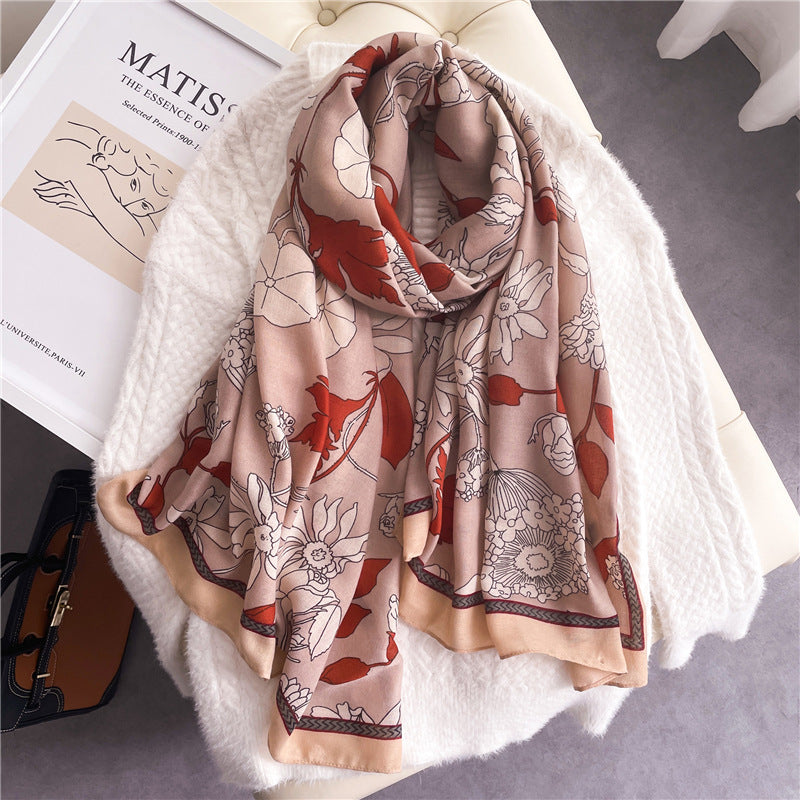 Elegant Floral Shawl In Cotton And Linen