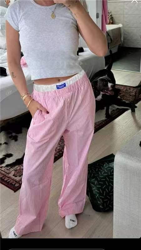 Vertical Stripes Stitching Waist Elastic Wide Leg Pants Fake Two Pieces