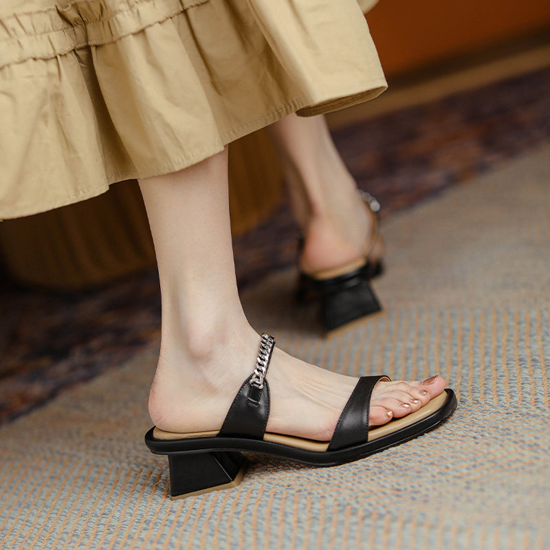 Summer Leather One-word Sandals And Slippers Women's Mid-heel Fashion Outer Wear New Beige Thick-heel Fairy Style Sandals