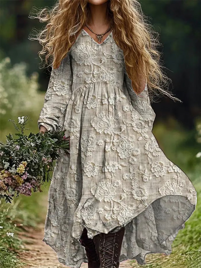Fitted Waist Color-Block Long-Sleeve Dress