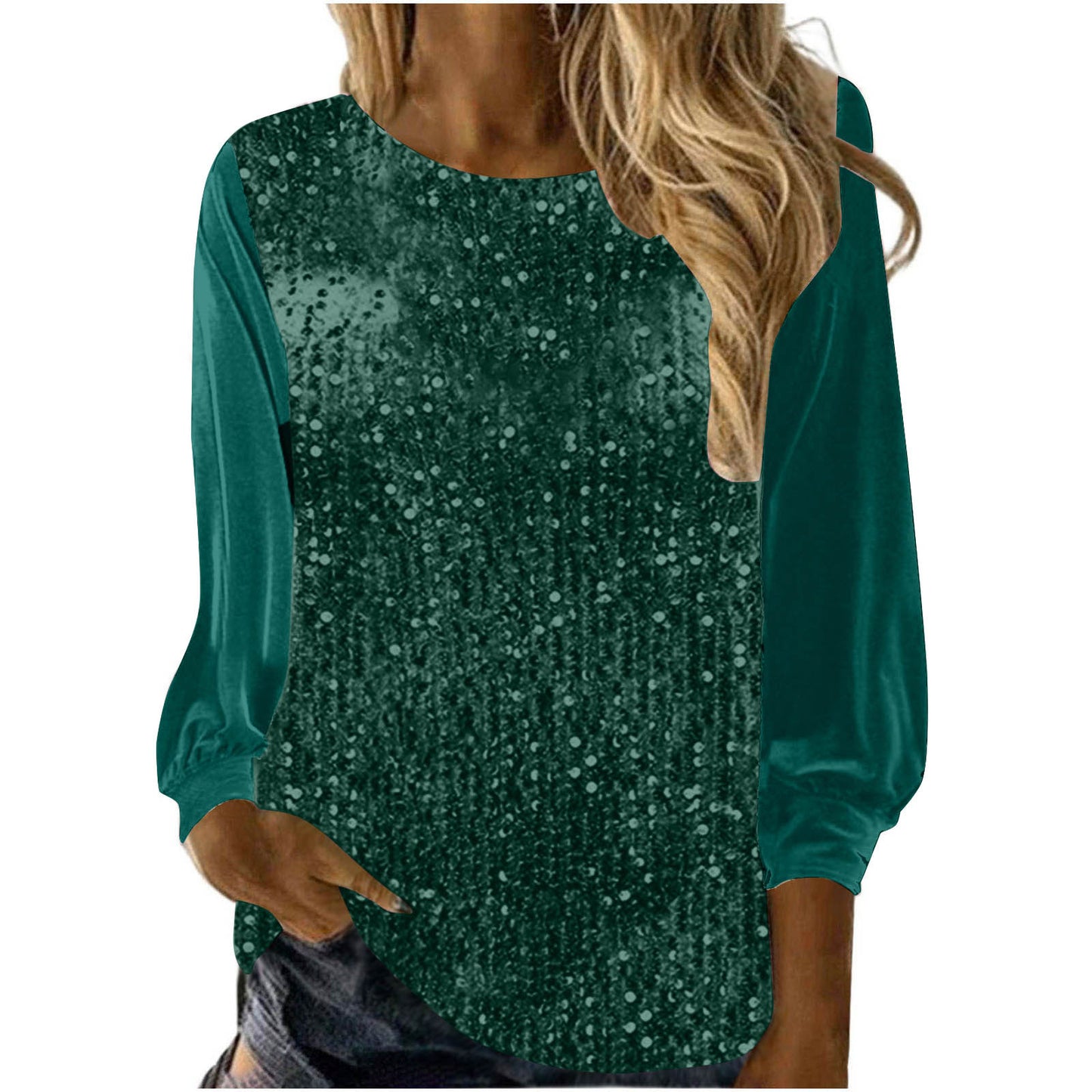 European And American Women's Clothing Casual Round Neck Long Sleeve Pullover Loose Sequins Top