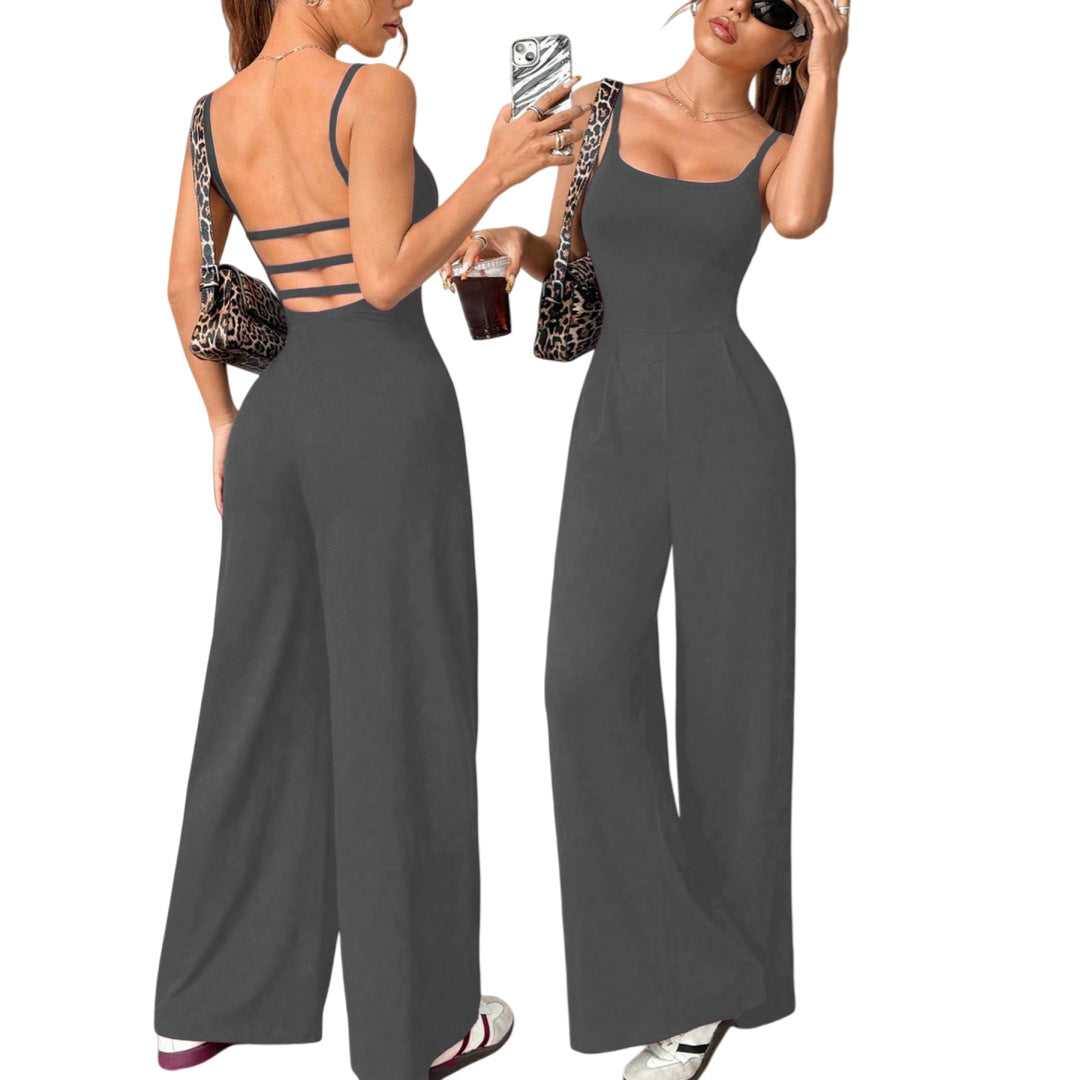 Summer Strap-Style Solid-Color Loose Jumpsuit For Women