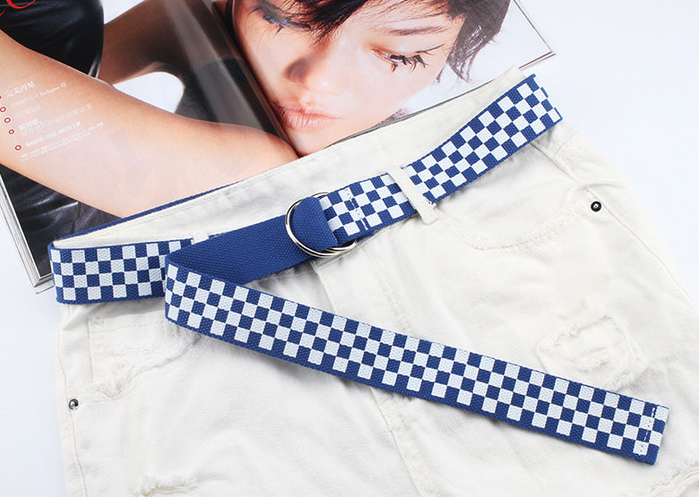 New Nylon Canvas Student Belt Fashion All-match Pant Double Ring Buckle Plaid Printed Jeans Belt