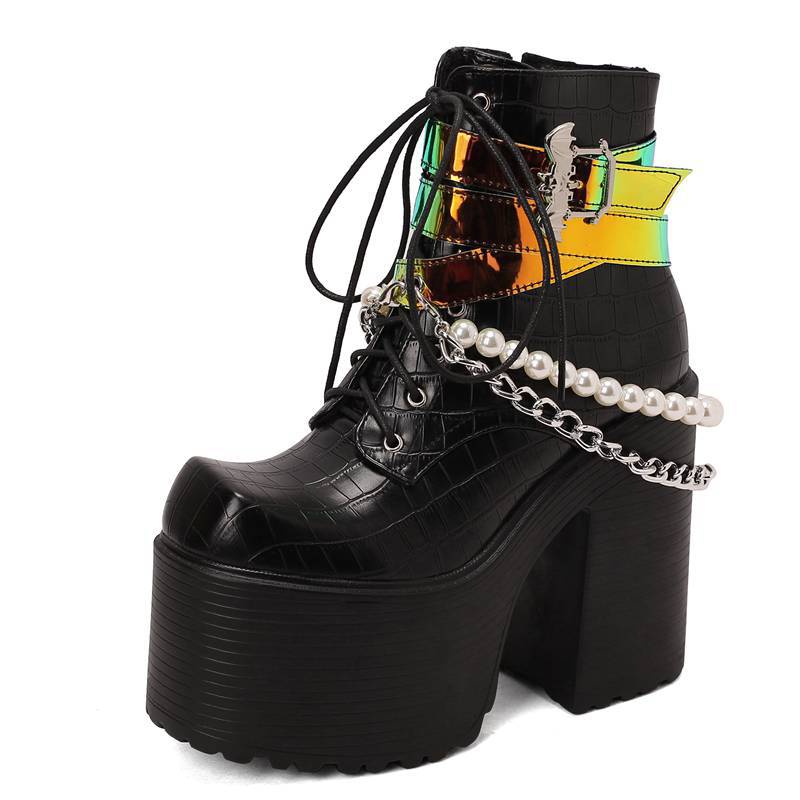 Belt Buckle Beaded Chain Women's Leather Boots