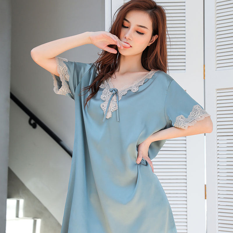 Womens Summer Ice Silk Loose Plus-Size Nightdress