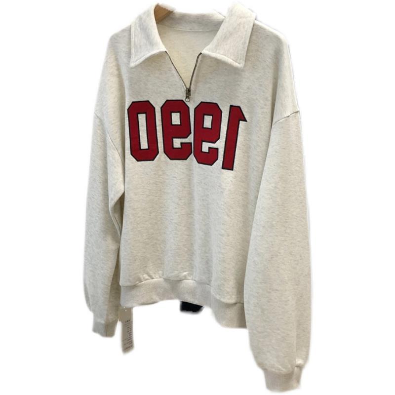 Dame sweatshirt med amerikansk retro-revers og halv lynlås