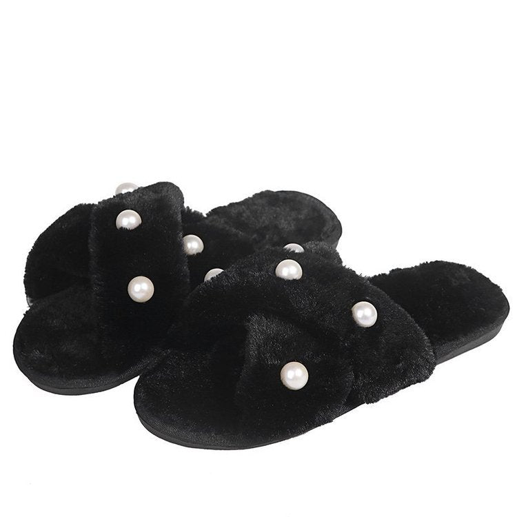 Women's Indoor And Outdoor Warm Pearl Cross Slippers
