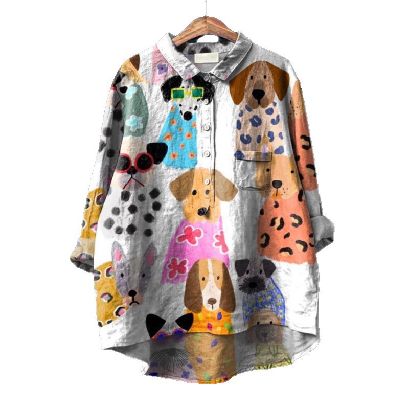Womens Summer Loose-Fit Printed Lapel Casual European-Size Shirt