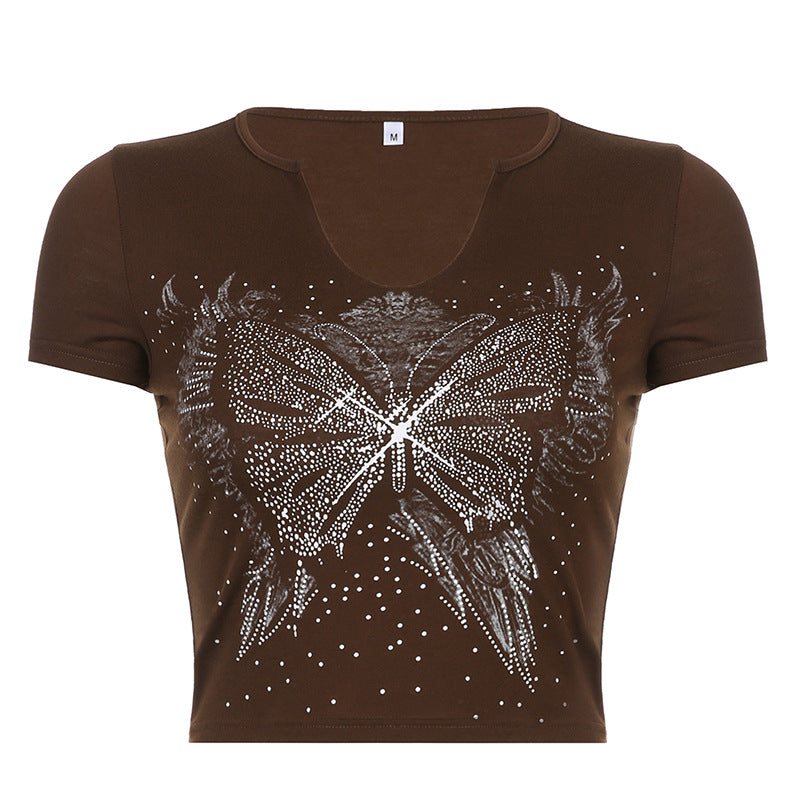 Retro Small U Neck Butterfly Print Brown Short Sleeve T-Shirt