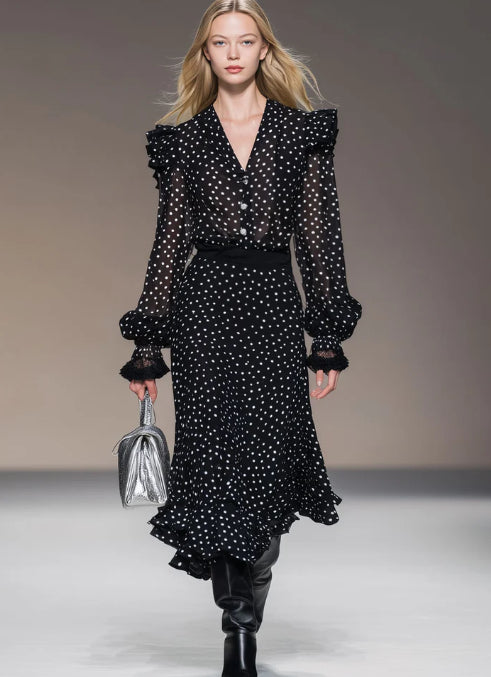 Retro Vacation Polka Dot Black Chiffon Long sleeved Shirt And Skirt Set