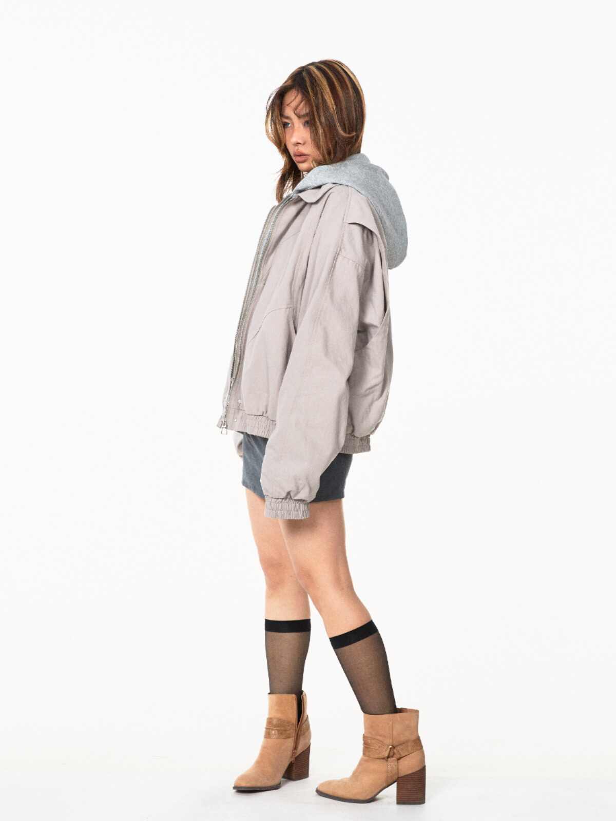 Fake Two Pieces Hooded Workwear Coats Female Cropped Jacket