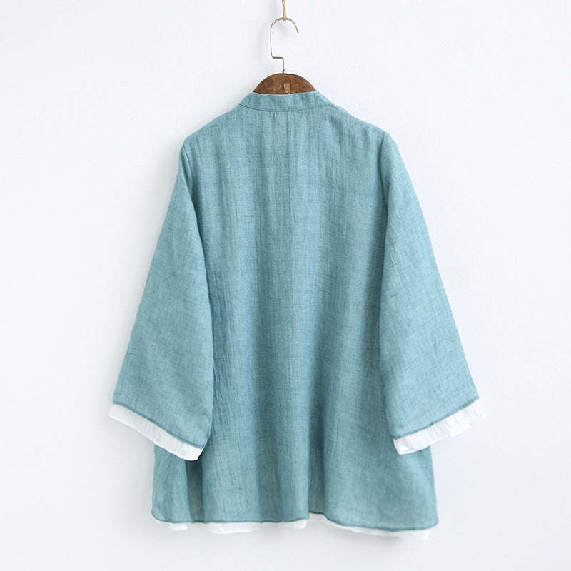 Solid Color Stand Collar Slanted Placket Chinese Style Buttoned Long Sleeves