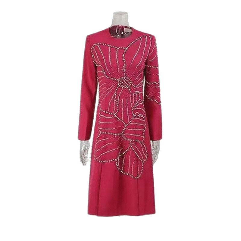 Womens Long Dress With Long Sleeves Crew Neck And Rhinestone-Embellished Floral Design