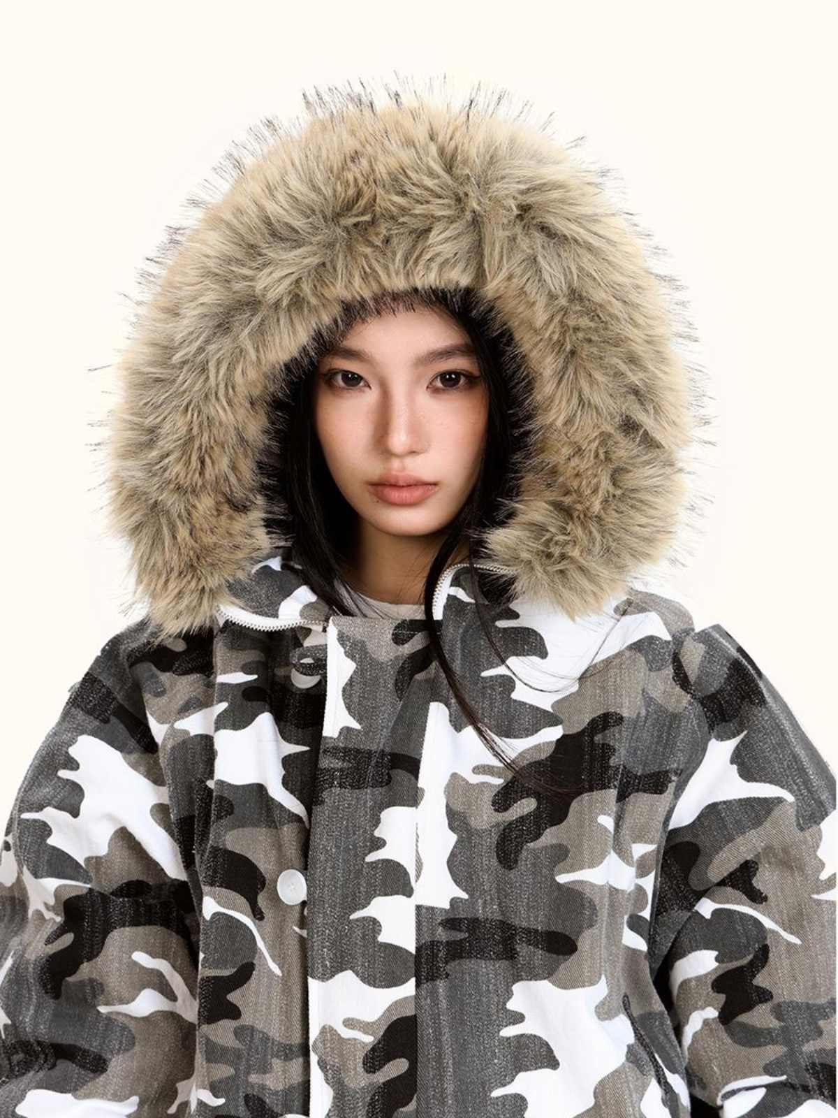 Løs Retro Camouflage Splejsning Pels Krave Bomuldsforet Jakke