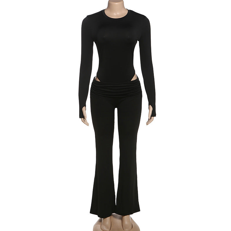 Solid Color Crew Neck Long Sleeve Slim Fit Bodysuit And Low Rise Pants Set