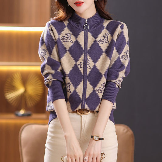 Design Sense Niche Zipped Stand Collar Loose Sweater