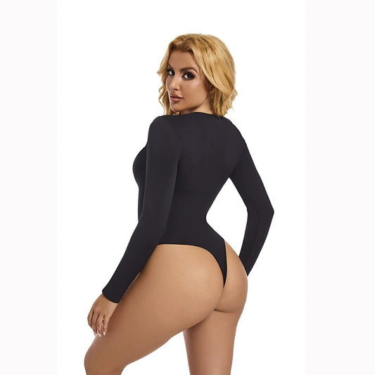 Sømløs taljeformende bodysuit til kvinder med indsnævret talje, rund hals, lange ærmer og g-strengsudskæring