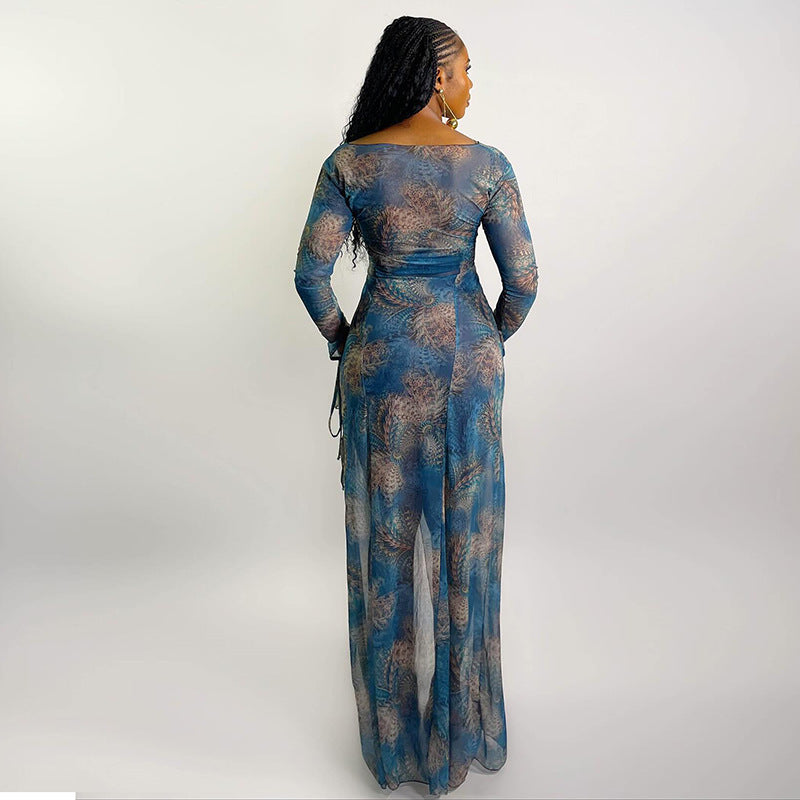 Elegant Long Sleeve V Neck Split Dress
